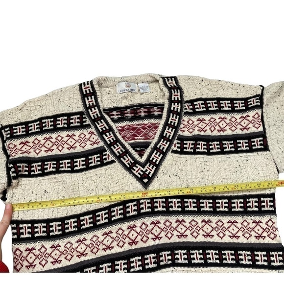Vintage 100% Cotton Neutral Tone Aztec Tribal Print V-neck Knit Sweater - Picture 3 of 7